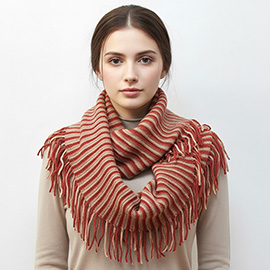 Striped Knit Fringe Infinity Scarf