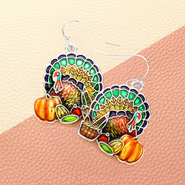 Enamel Turkey Accented Pumpkin Fruits Basket Dangle Earrings