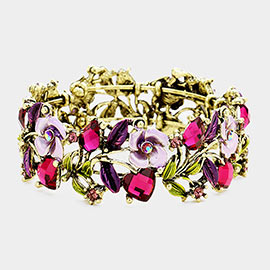 Glass Crystal Metal Flower Leaf Evening Bracelet