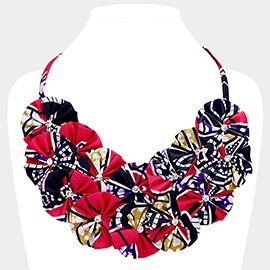 Crystal Centered Fabric Round Cluster Collar Necklace
