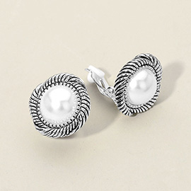 Metal Trim Pearl Clip On Earrings