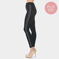 Greek Pattern Rhinestone Pave Lines Plus Size Detail Leggings