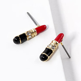 Crystal Stone Paved Enamel Lipstick Stud Earrings
