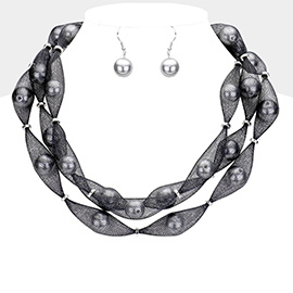 Triple Mesh Tube Pearl Collar Necklace