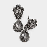 Flower Glass Crystal Teardrop Dangle Clip on Earrings