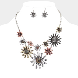 Flower and Leaf Metal Garden Bib Necklace 