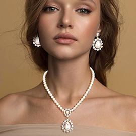Rhinestone Pave Floral Teardrop Pearl Beaded Collar Necklace