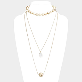 Triple Layered Clear Hexagon Metal Ball Pendant Necklace