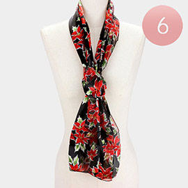 6PCS - Silk Feel Satin Striped Poinsettia Print Scarf