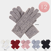 12Pairs - Faux Fur Lining Flower Detail Cable Knit Gloves