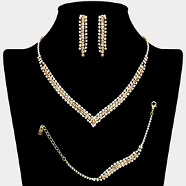 3PCS - Round Stone Detail Rhinestone Necklace Jewelry Set