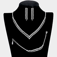 3PCS - Round Stone Detail Rhinestone Necklace Jewelry Set