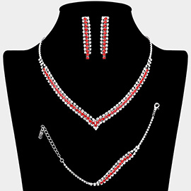 3PCS - Round Stone Detail Rhinestone Necklace Jewelry Set