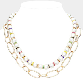Pearl Open Metal Oval Link Double Layered Necklace