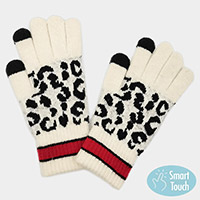 Leopard Patterned Striped Cuff Knit Smart Gloves