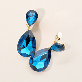 Glass Crystal Double Teardrop Clip On Evening Earrings