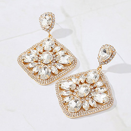 Oval Marquise Stone Cluster Accented Rhinestone Rhombus Dangle Evening Earrings