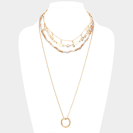 Triple Ring Pendant Wood Beaded Multi Layered Necklace