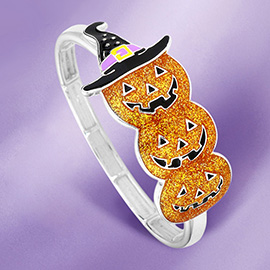 Glittered Halloween Pumpkin Witch Hat Stretch Bracelet