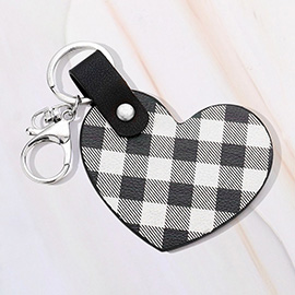 Buffalo Check Patterned Faux Leather Heart Keychain Bag Charm