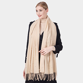 Pearl Embellished Solid Fringe Oblong Scarf