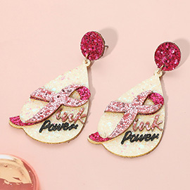 Glittered Pink Power Message Ribbon Pointed Teardrop Dangle Earrings