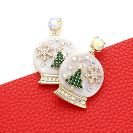 Stone Embellished Christmas Tree Snowflake Celluloid Acetate Snow Globe Dangle Earrings