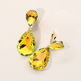 Glass Crystal Double Teardrop Clip On Evening Earrings
