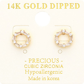 14K Gold Dipped CZ Embellished Open Circle Stud Earrings