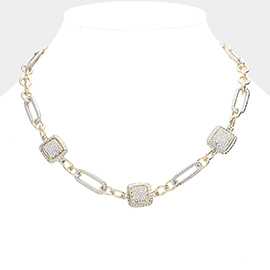 Rhinestone Embellished Triple Square Accented Link Toggle Necklace