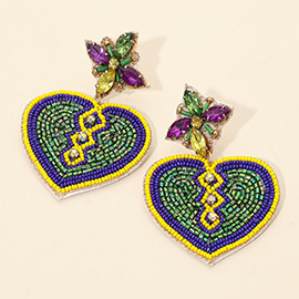 Mardi Gras Felt Back Beaded Heart Dangle Earrings