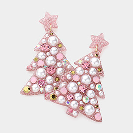 Pearl Stone Embellished Christmas Tree Resin Dangle Earrings