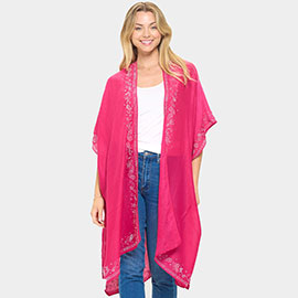Bling Studded Leaves Pattern Pointed Kimono Poncho