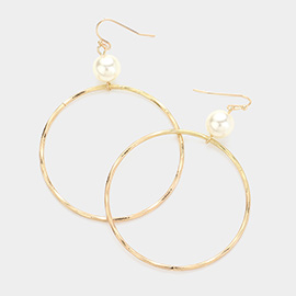 Pearl Pointed Hammered Open Metal Ring Dangle Earrings