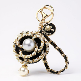 Pearl Pointed Faux Leather Braided Chain Deco Flower Keychain Bag Charm