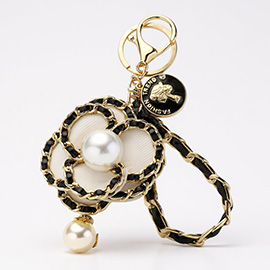Pearl Pointed Faux Leather Braided Chain Deco Flower Keychain Bag Charm