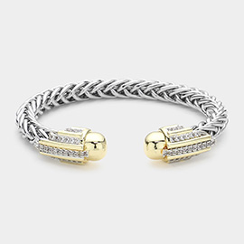 14K Gold Plated CZ Stone Paved Tip Braided Two Tone Cuff Bracelet