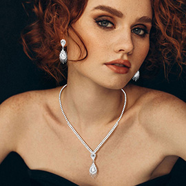 Teardrop Stone Pendant Accented Rhinestone Paved Necklace