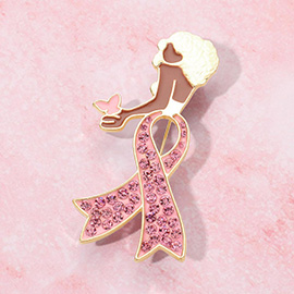 Stone Paved Pink Ribbon Enamel Afro Woman Pin Brooch