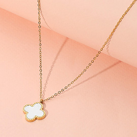 Stainless Steel Mother Of Pearl Quatrefoil Pendant Necklace