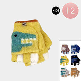 12Pairs - Kids Dino Fingerless Flip Top Knit Winter Gloves