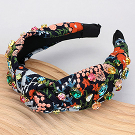 Flower Embroidered Stone Cluster Embellished Knot Headband