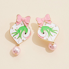 Pearl Dangle Enamel Christmas Grinch Hand Earrings