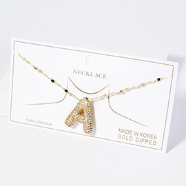 -A- Gold Dipped CZ Stone Paved Initial Monogram Pendant Necklace
