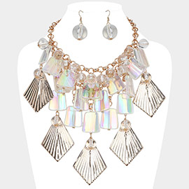 Textured Metal Acrylic Plate Ball Beaded Chandelier Statement Necklace