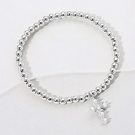 Stainless Steel Ball Pearl Cross Charm Beaded Stretch Bracelet