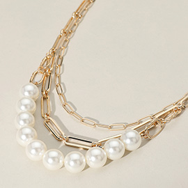 Pearl Beaded Metal Chain Layered Necklace