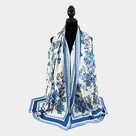 Flower Pattern Printed Oblong Silky Satin Scarf Shawl