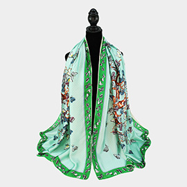 Butterfly Pattern Printed Oblong Silky Satin Scarf Shawl