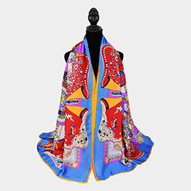 Abstract Paisley Printed Oblong Silky Satin Scarf Shawl